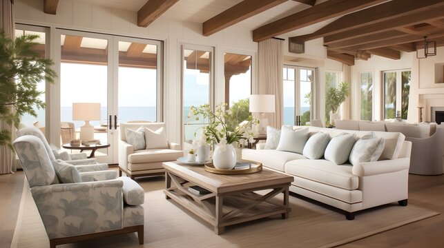 beautiful small space casual living family room soft neutral wood beams and a gorgeous grouping of swivel color fabric chairs around a striking coffee table coastal design nature freshness home