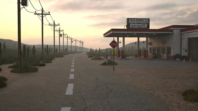 3D animation driving into an old remote deserted gas station on a lonely road in the desert.
