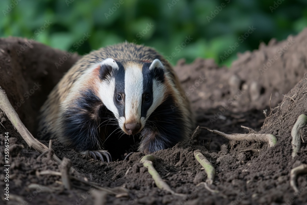 Poster badger emerging from burrow, dirt and roots