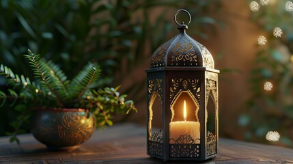 Ornamental Arabic lantern with burning candle glowing in the dark