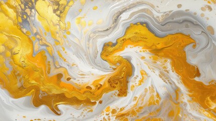 Gold and white fluid acrylic painting with marble pattern.