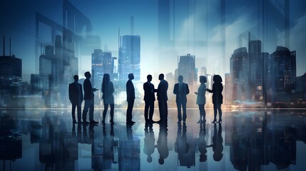 business partnership agreement ideas concept group of silhouette business teamwork standing together with background of downtown urban city office building background multi exposure - obrazy, fototapety, plakaty