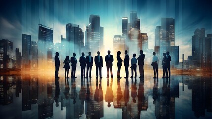 business partnership agreement ideas concept group of silhouette business teamwork standing together with background of downtown urban city office building background multi exposure