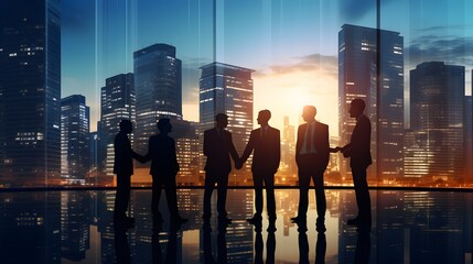 business partnership agreement ideas concept group of silhouette business teamwork standing together with background of downtown urban city office building background multi exposure - obrazy, fototapety, plakaty