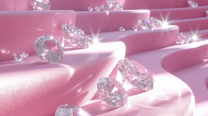 On the light pink staircase steps, covered with white transparent diamonds, the diamonds sparkle like a dream, and the overall color tone is bright.