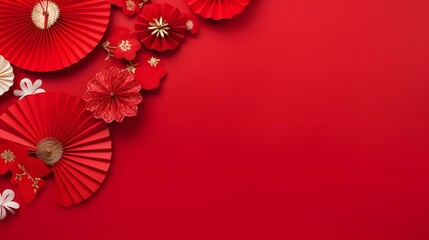 Chinese new year festival or wedding decoration over red background. Traditional lunar new year paper fans. Flat lay, top view, banner