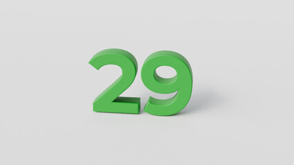 Number 29 3d text in green color on white background, 29 February leap year concept, banner background for leap year day, 3d render