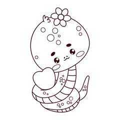 Cute snake girl with heart. Romantic reptile kawaii character. Line drawing, coloring book. Vector illustration with cartoon love serpent. Kids collection.