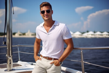 Fototapeta na wymiar Smiling man sailing his yacht on a sunny day