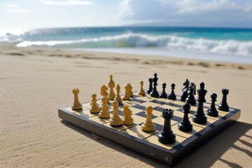 chessboard on a sandy beach with waves in the background