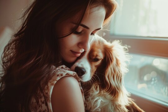 Woman with her dog enjoying a tender moment.