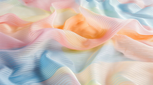 half-transparent fabric in pastel rainbow colors with dynamic waves. Abstract backround in calm mood colors.