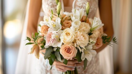 Bride holding a bouquet of peach roses and white lilies.