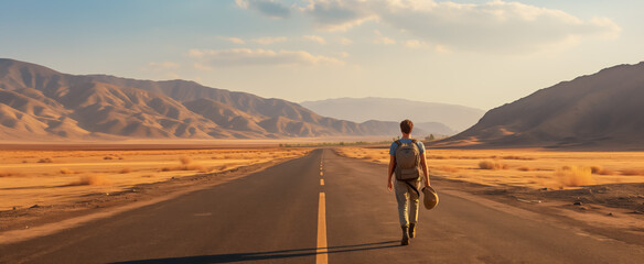 Lone traveler walking down desert road at sunset - obrazy, fototapety, plakaty