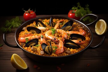 paella bogavante - spanish national traditional rice dish with lobster seafood. 