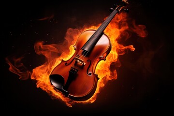 Fototapeta na wymiar burning violin or cello on fire isolated on black. Passion for music, live concert flyer poster template.