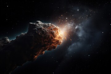 comet in space aerial science cosmic illustration. Explosion in outer space in galaxy.