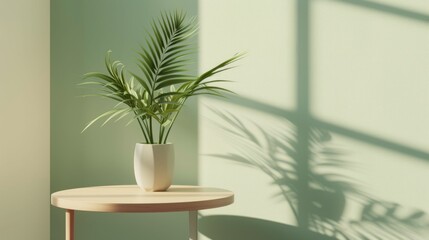 Potted palm plant on wooden side table against green wall with shadow play.