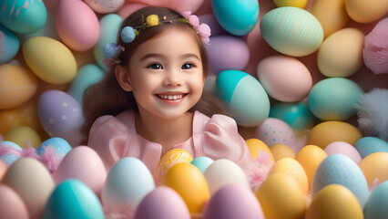 Fototapeta na wymiar girl with easter eggs AI generated Easter background Easter card