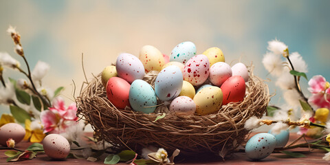Fototapeta na wymiar Eggs And Flowers Sitting In A Nest On A Wood Table Background