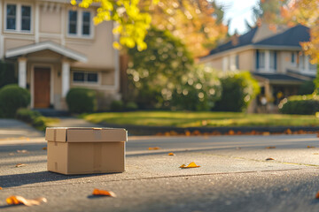 Cardboard box in front of residential home entrance at sunny day.