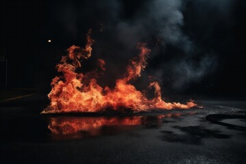 fire in the night. Gasoline or petrol burning at night with smoke