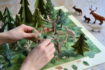 hands assembling a paper forest scene with wildlife figures