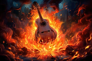 guitar on fire in flames. Passion for music. Musical instrument burning. - obrazy, fototapety, plakaty
