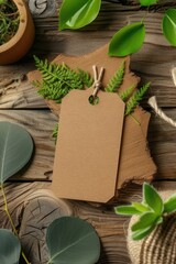 Craft brown tag with natural fern on vintage wood with green foliage.