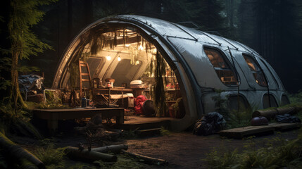 survival shelter deep in the forest - obrazy, fototapety, plakaty