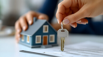 Hands of salesman holding key near house model and paper document on table. House selling or renting concept.