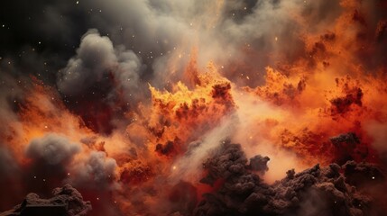 Naklejka premium smoke, orange fire and sparkles closeup from volcano eruption banner 