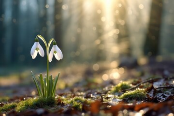 snowdrop flower in the forest in morning light. First blooming flowers in spring. Nature awakening.