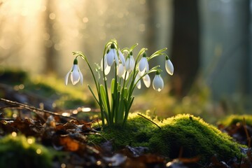 snowdrop flower in the forest in morning light. First blooming flowers in spring. Nature awakening.