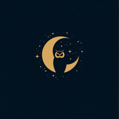 Flat vector logo with a silhouette of a wise owl on a crescent moon 