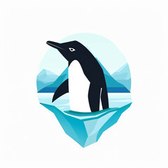 Flat vector logo with the silhouette of a penguin against an iceberg 