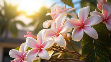 Obraz premium White Frangipani flower Plumeria alba with green leaves.