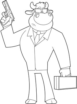 recommend clip art: Outlined Cow Or Bull Spy Secret Agent Cartoon Character. Vector Hand Drawn Illustration Isolated On Transparent Background