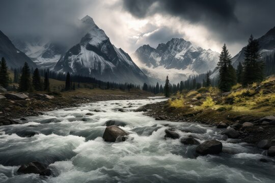 steep river in the mountains and trees misty scenic landscape with clouds