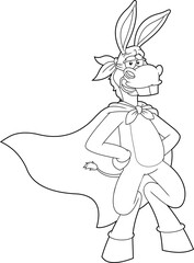 Outlined Donkey SuperHero Cartoon Character. Vector Hand Drawn Illustration Isolated On Transparent Background