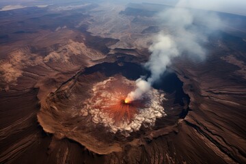 aerial view of volcano crater after or before eruption with smoke. Natural disaster.