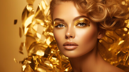 Woman model in gold make-up in a golden background.