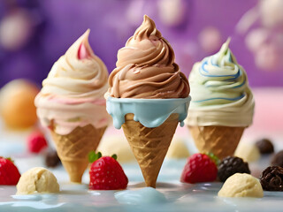 Delicious ice cream cone with vibrant scoops on a summer day