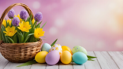 easter eggs in basket with flowers
AI generated
Easter background
Easter card