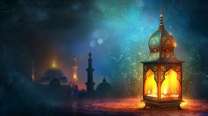 Hand holding a traditional Arabic lantern with a lit candle inside. Ramadan Kareem celebration card or invitation.