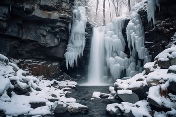 waterfall frozen in winter landscape. Frost and cold. Nature and weather.