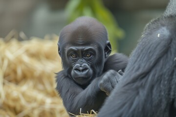 gorilla baby peering over mothers shoulder