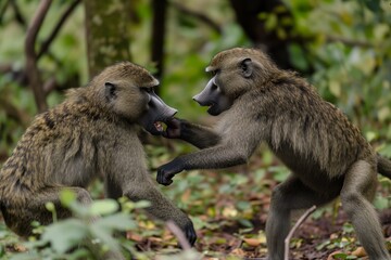 Obraz premium baboon sibling duo tussling on the forest floor