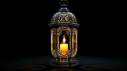 Hand holding a traditional Arabic lantern with a lit candle inside. Ramadan Kareem celebration card or invitation.