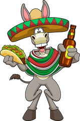 Mexican Donkey Cartoon Character Holding Taco And Bottle Of Beer. Vector Hand Drawn Illustration Isolated On Transparent Background - obrazy, fototapety, plakaty